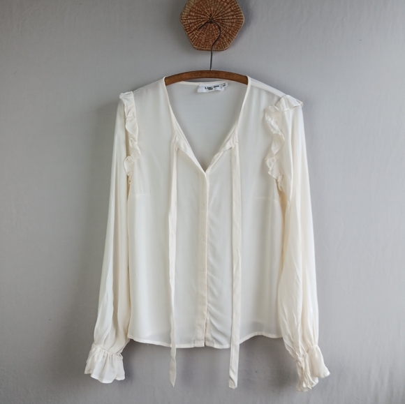 Line & Dot Tie Neck Ruffle Sleeve Semi Sheer Blouse Ivory Off White Size Small - Picture 2 of 5